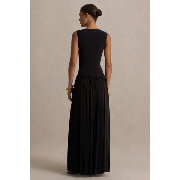 Rosalita | Robe longue noire à col rond avec taille basse et détails froncés