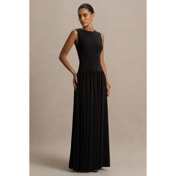 Rosalita | Robe longue noire à col rond avec taille basse et détails froncés