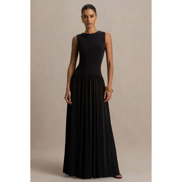 Rosalita | Robe longue noire à col rond avec taille basse et détails froncés