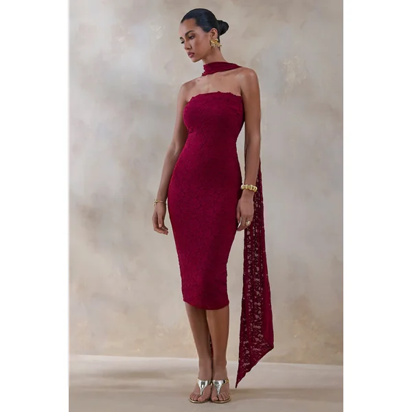 Rosaria | Robe mi-longue bandeau en dentelle bordeaux avec détail écharpe
