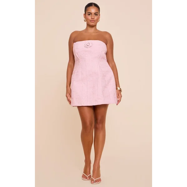 Rose Cendré Robe Trapèze Grande Taille Premium En Bouclé Blanc Avec Camélias