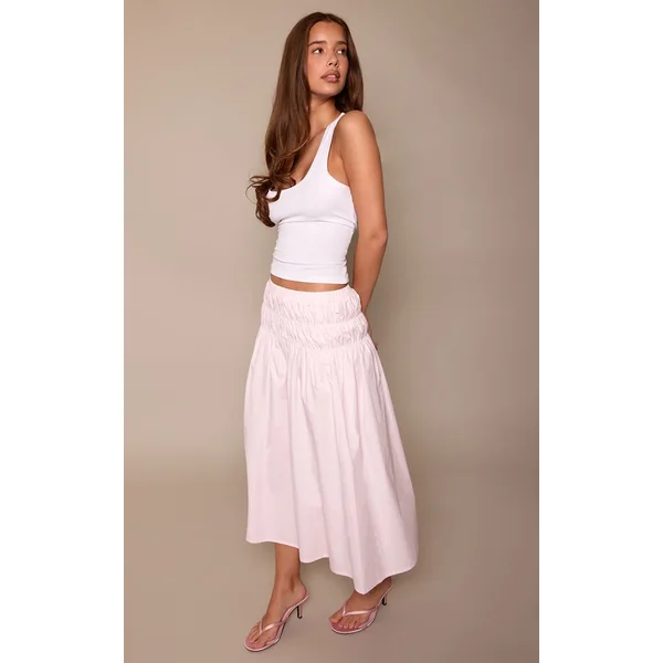 Rose Clair Jupe Midi En Coton À Taille Basse Froncée