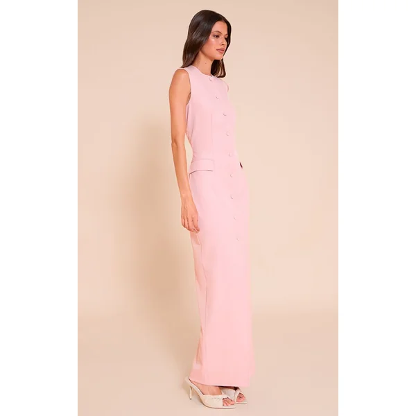 Rose Clair Robe Longue Boutonnée En Tissu Tissé