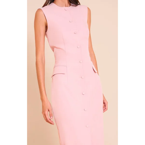 Rose Clair Robe Longue Boutonnée En Tissu Tissé