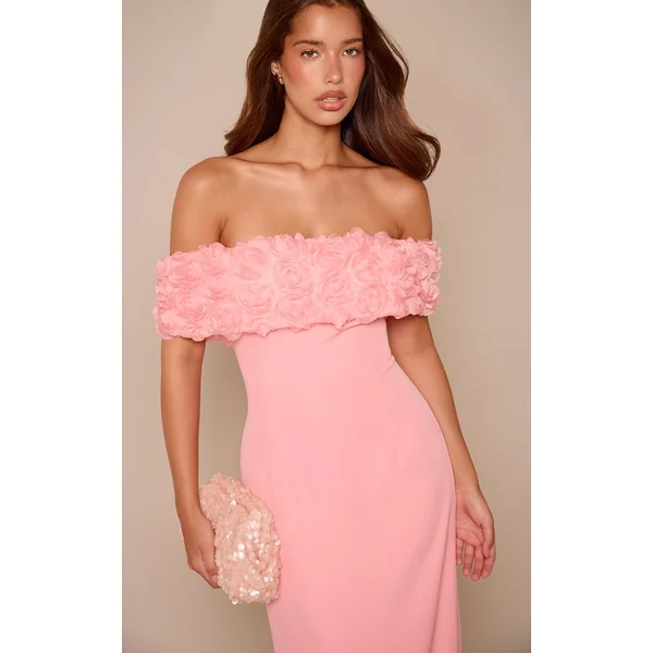 Rose Clair Robe Maxi Sirène Bardot À Motifs Floraux