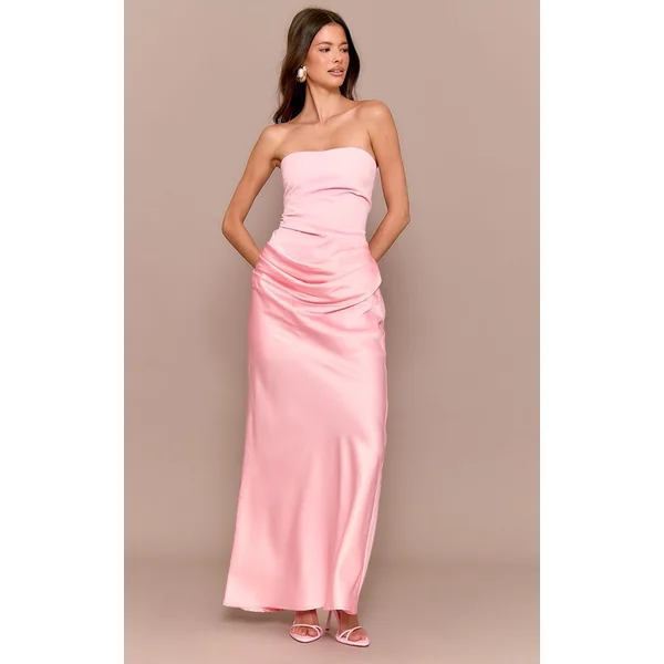 Rose Dragée Robe Midaxi Drapée En Satin À Détail Bandeau