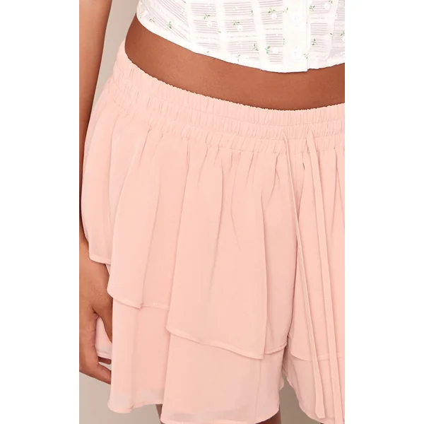 Rose Mini-jupe Fluide En Mousseline À Volants