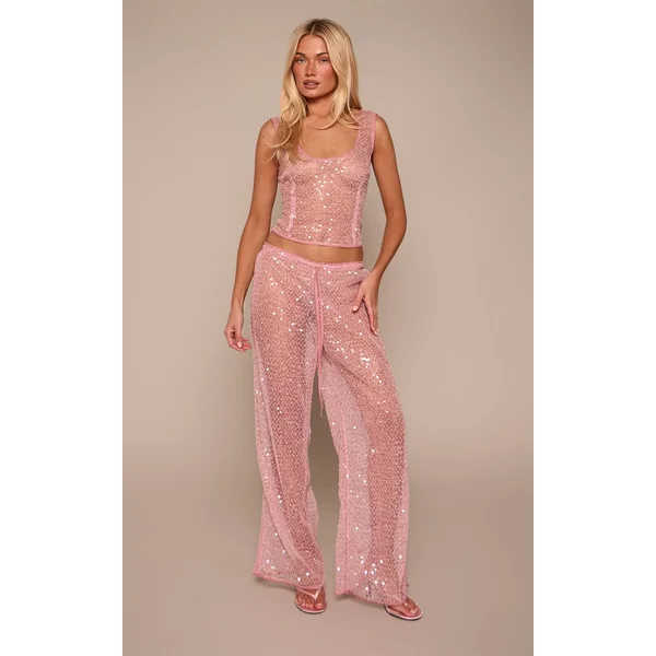 Rose Pantalon Large En Maille À Sequins