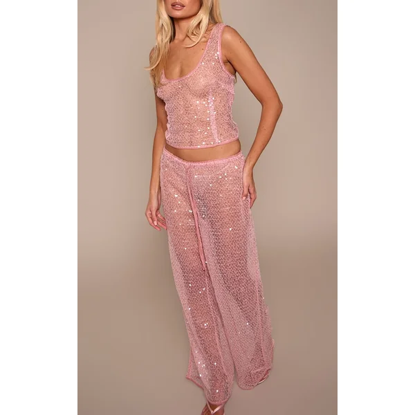 Rose Pantalon Large En Maille À Sequins