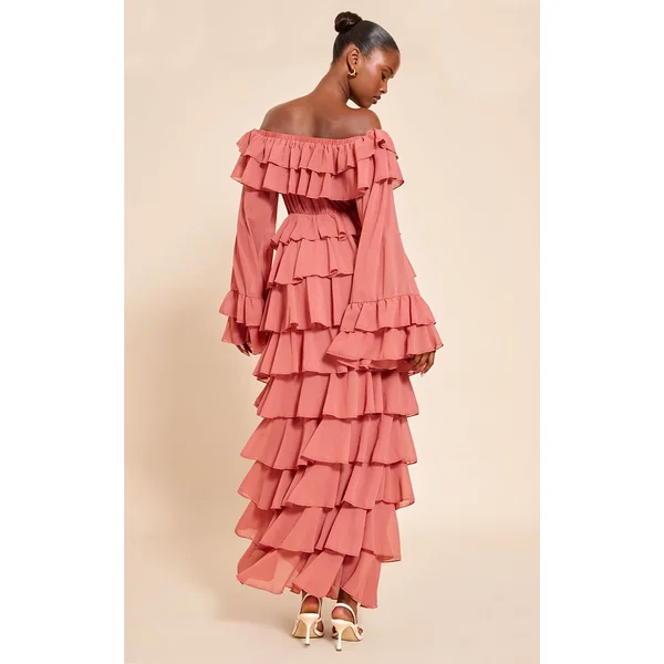 Rose Pâle Robe Longue En Mousseline À Épaules Dénudées Et Volants Extrêmes