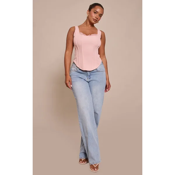Rose Pâle Top Corset Long À Encolure Carrée Et Finitions En Dentelle Shape