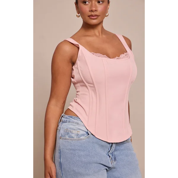 Rose Pâle Top Corset Long À Encolure Carrée Et Finitions En Dentelle Shape
