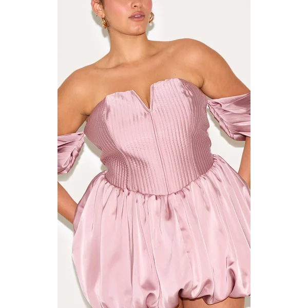 Rose Robe Droite Grande Taille En Satin Rose Avec Épaules Dénudées Et Volume Bouffant