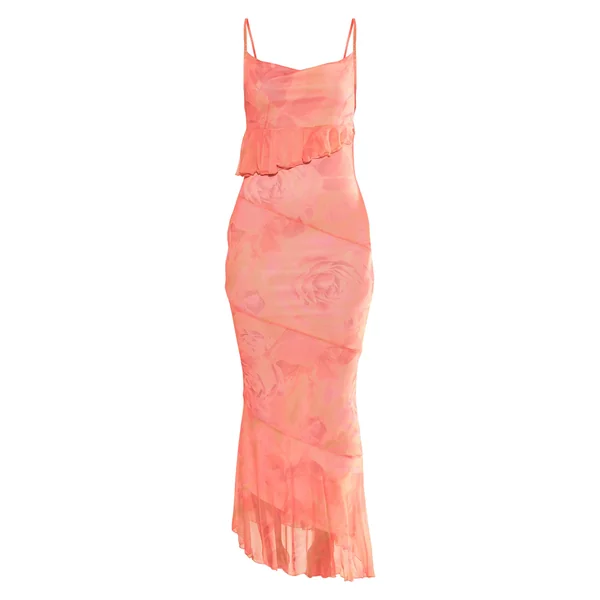 Rose Robe Longue En Mesh Imprimé Avec Volants Et Dos Drapé