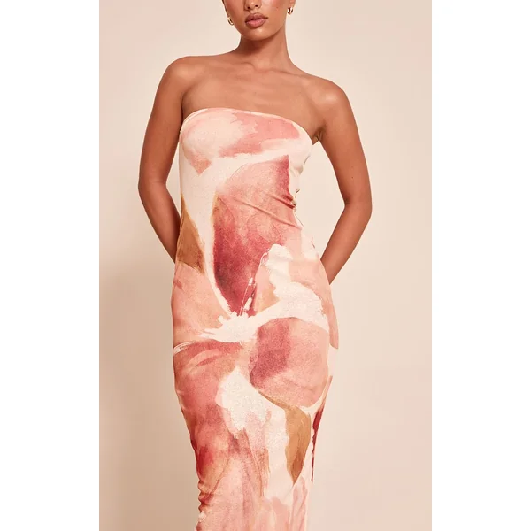 Rose Robe Maxi Bandeau En Tissu Crêpe À Imprimé Animal