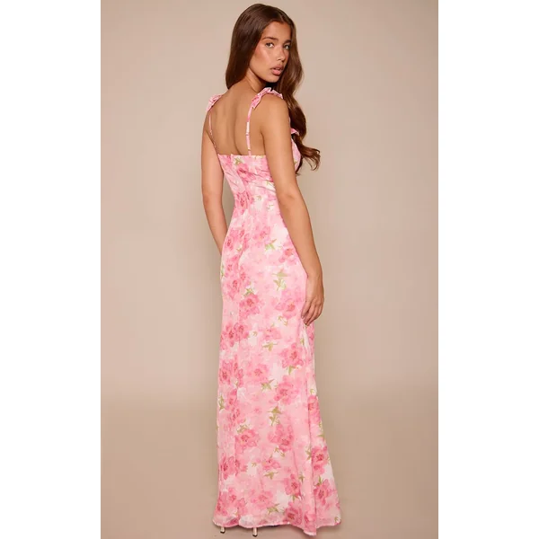 Rose Robe Maxi À Volants Avec Détail De Nœud Floral