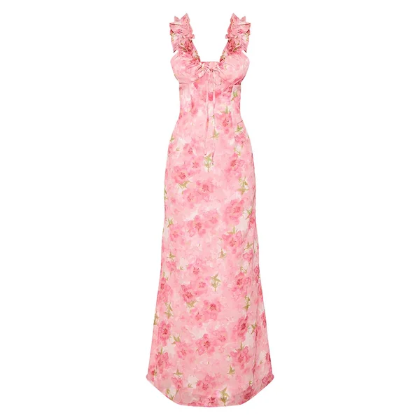 Rose Robe Maxi À Volants Avec Détail De Nœud Floral