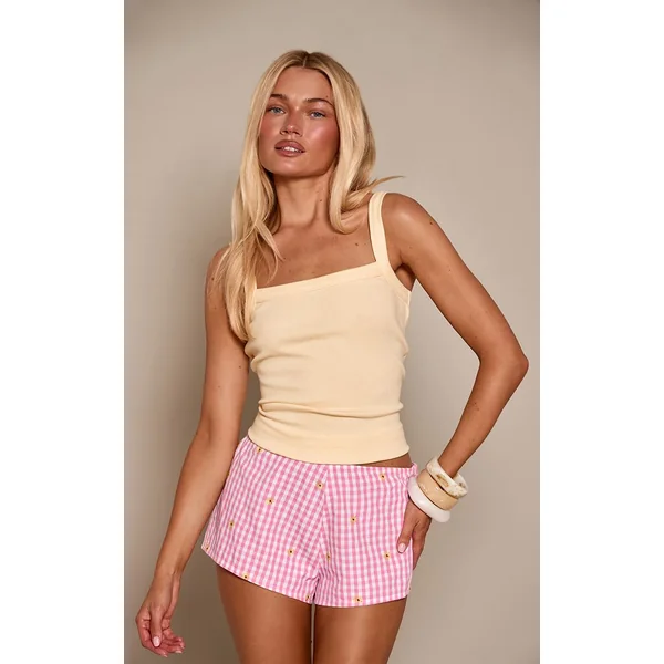 Rose Short Taille Haute En Coton Vichy Brodé