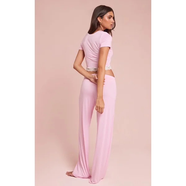 Rose Tendre Ensemble Pyjama Long En Jersey Avec Finitions En Dentelle