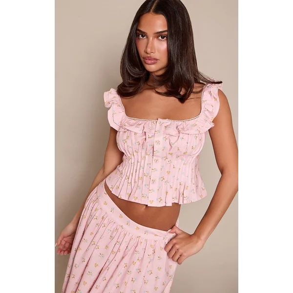 Rose Tendre Haut Court Petite À Imprimé Fleuri Ditsy En Coton Avec Encolure Carrée À Volants Et Plis Coordonné