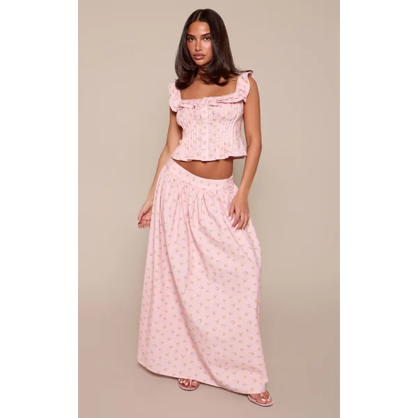 Rose Tendre Haut Court Petite À Imprimé Fleuri Ditsy En Coton Avec Encolure Carrée À Volants Et Plis Coordonné