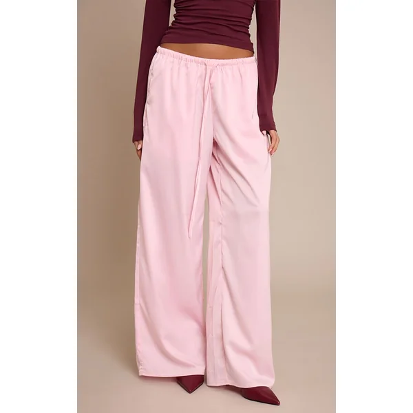Rose Tendre Pantalon Large En Satin Taille Basse Avec Lien À Nouer