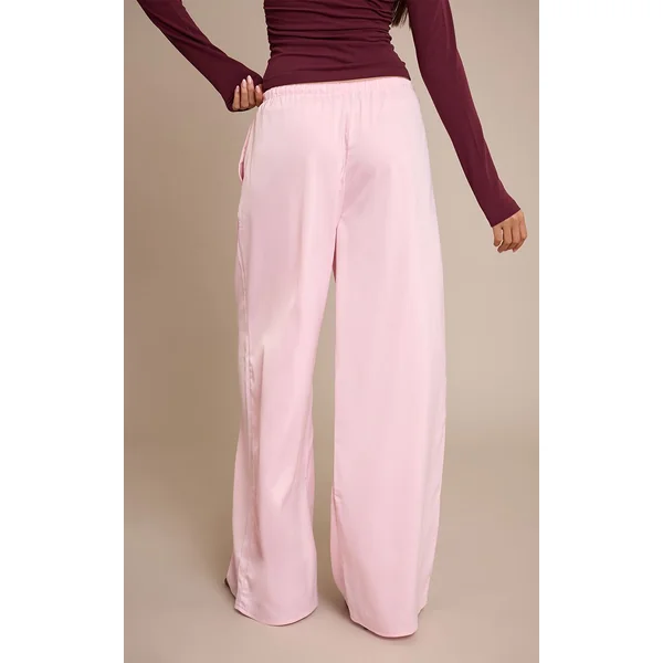 Rose Tendre Pantalon Large En Satin Taille Basse Avec Lien À Nouer