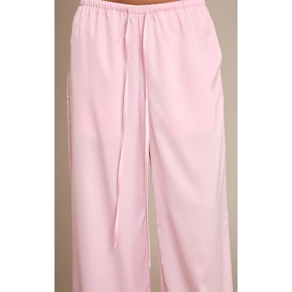Rose Tendre Pantalon Large En Satin Taille Basse Avec Lien À Nouer