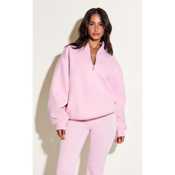 Rose Tendre Sweat-shirt Petite À Col Cheminée Et Fermeture Éclair