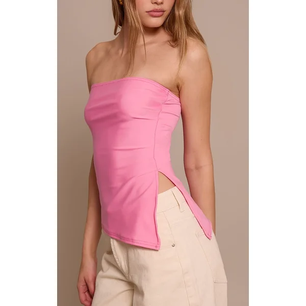Rose Top Bandeau Asymétrique Slinky Contour À Ourlet Fendu Longue Coupe