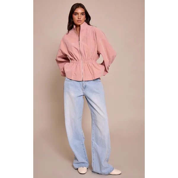 Rose Veste En Synthétique Cintrée À La Taille