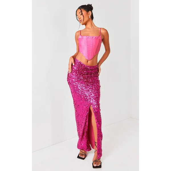 Rose Vif Jupe Longue À Taille Froncée Ornée De Sequins