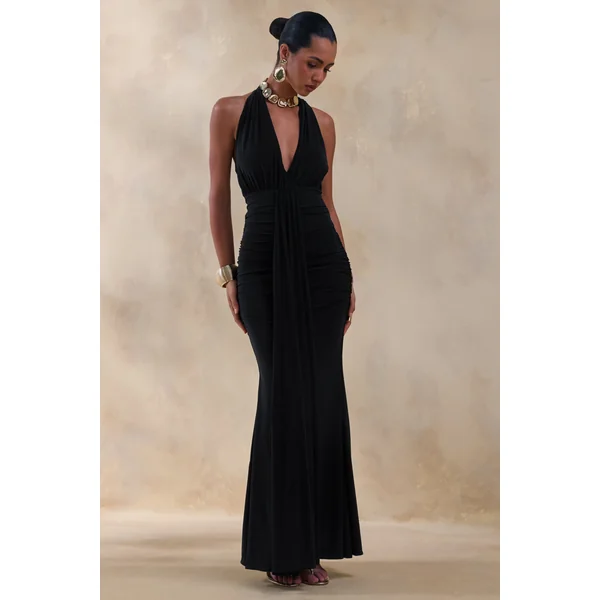 Roselani | Robe longue noire à encolure dos nu avec dos nu