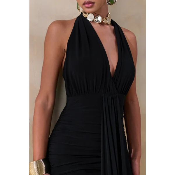 Roselani | Robe longue noire à encolure dos nu avec dos nu