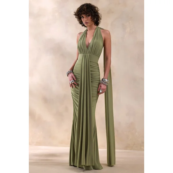 Roselani | Robe longue olive à encolure dos-nu avec dos nu