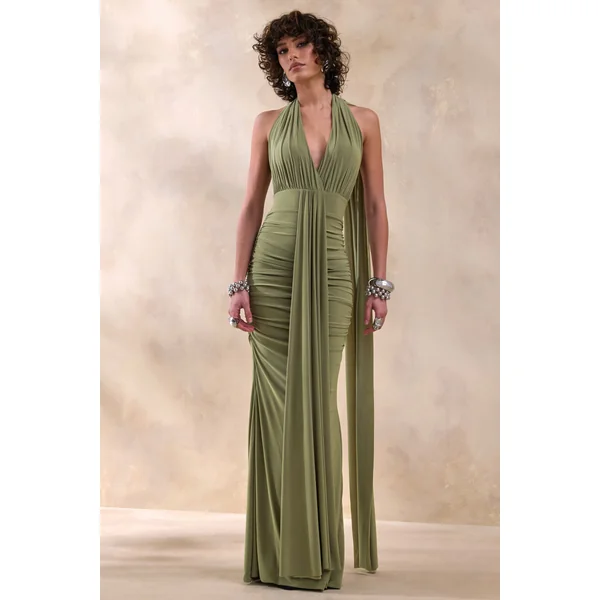 Roselani | Robe longue olive à encolure dos-nu avec dos nu