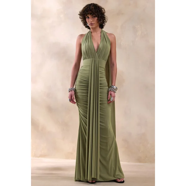 Roselani | Robe longue olive à encolure dos-nu avec dos nu