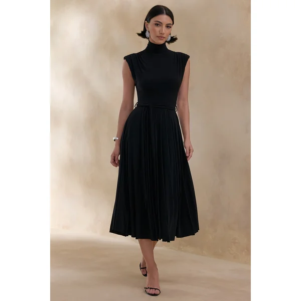 Roselena | Robe mi-longue noire à encolure haute