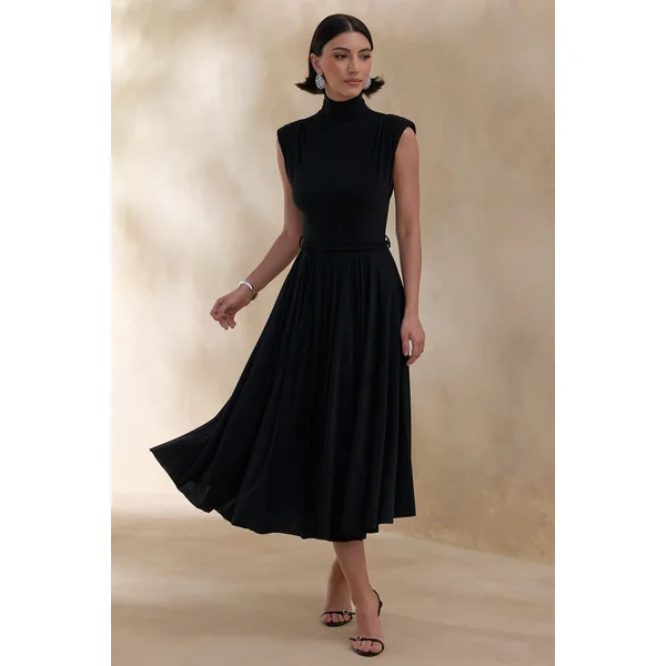 Roselena | Robe mi-longue noire à encolure haute