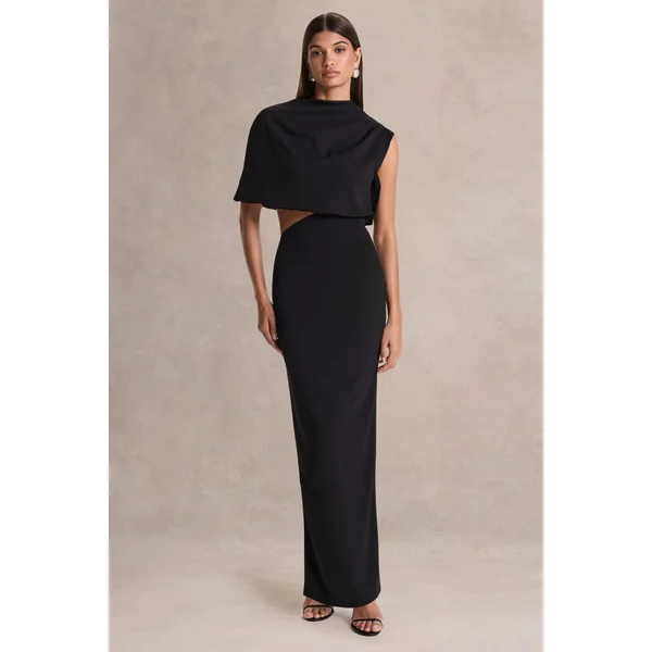Roseth | Robe longue noire à encolure haute avec cape amovible