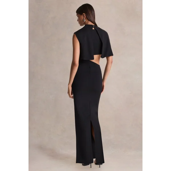 Roseth | Robe longue noire à encolure haute avec cape amovible