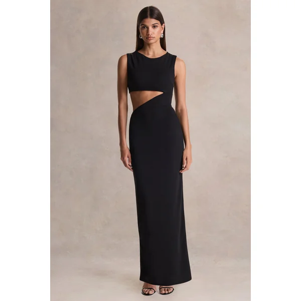 Roseth | Robe longue noire à encolure haute avec cape amovible