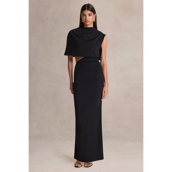 Roseth | Robe longue noire à encolure haute avec cape amovible