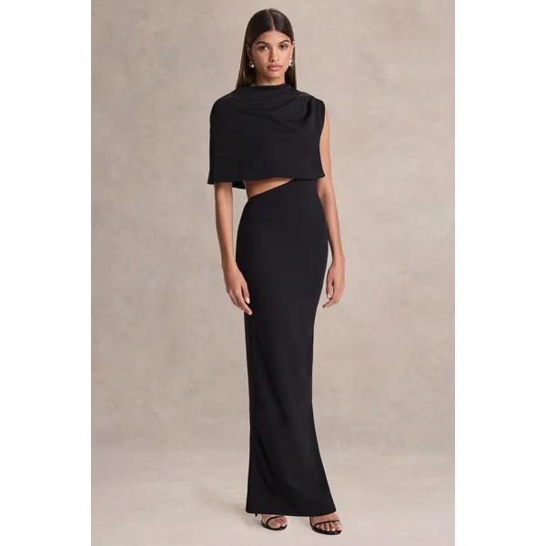 Roseth | Robe longue noire à encolure haute avec cape amovible