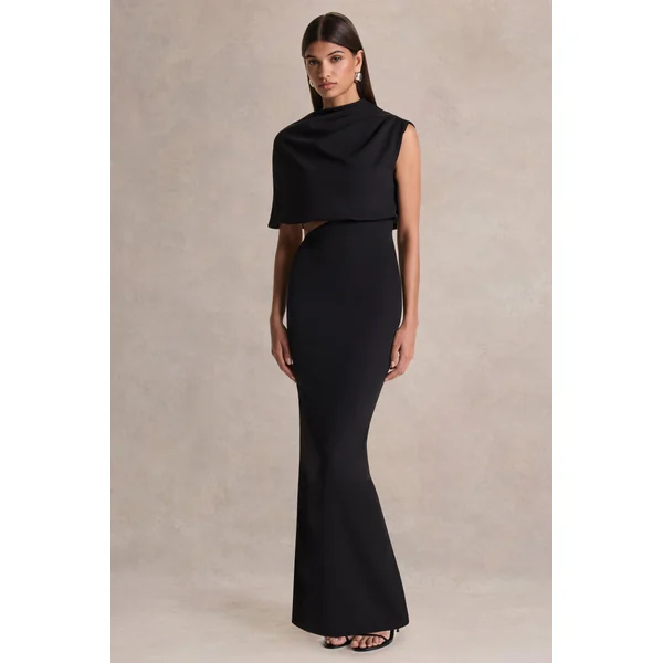 Roseth | Robe longue noire à encolure haute avec cape amovible
