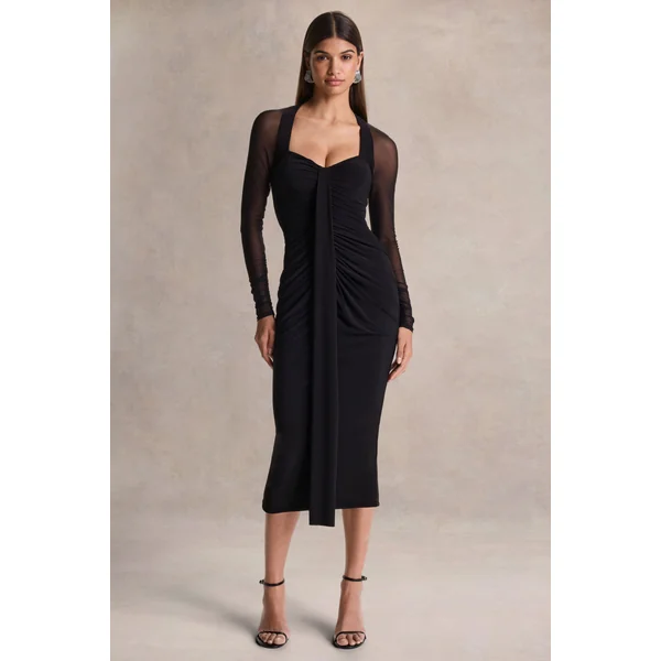 Rosetta | Robe mi-longue noire à décolleté cœur avec manches transparentes
