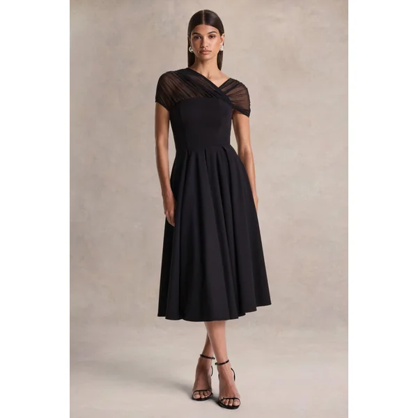 Rosette | Robe mi-longue noire à encolure asymétrique