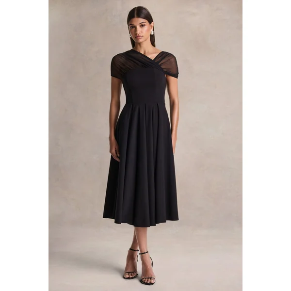 Rosette | Robe mi-longue noire à encolure asymétrique