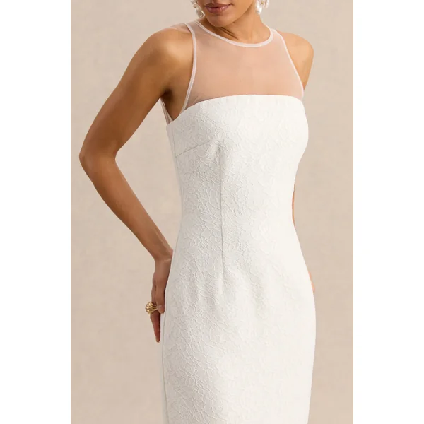 Rosevine | Robe longue blanche en dentelle à col rond avec empiècement en tulle