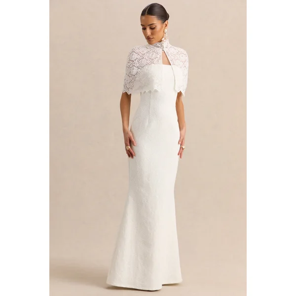 Rosevine | Robe longue blanche en dentelle à col rond avec empiècement en tulle